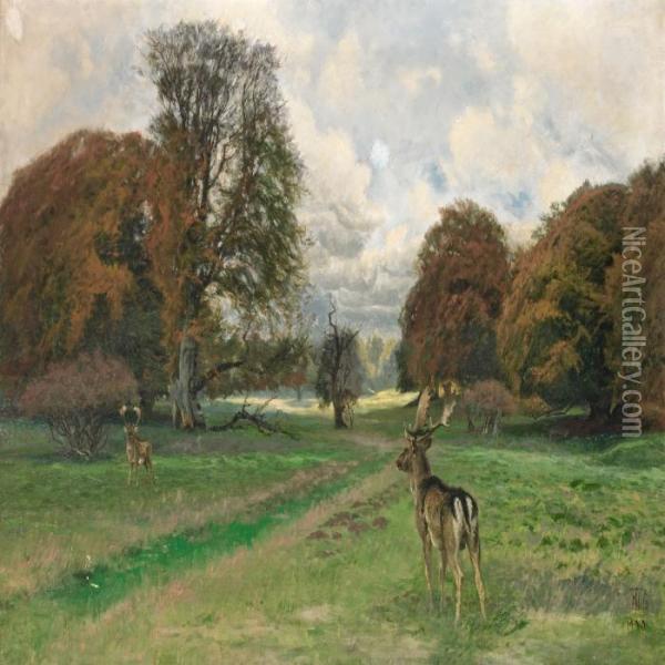 Scenery With Two Deersat The Fall In Dyrehaven Oil Painting - Thorvald Simeon Niss