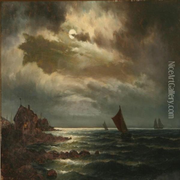 Coastal Scene At Night Oil Painting - Carl Ludwig Bille