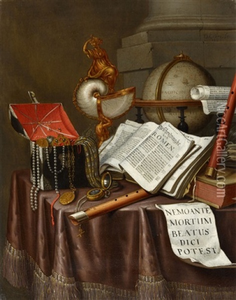 Vanitas Still Life With Books, A Globe, Nautilus Chalice And Flutes Oil Painting - Edward Collier