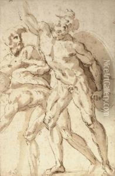 A Nude Warrior With A Shield Reaching Up To The Left, Two Crouching Nudes To The Left Oil Painting - Baccio Bandinelli