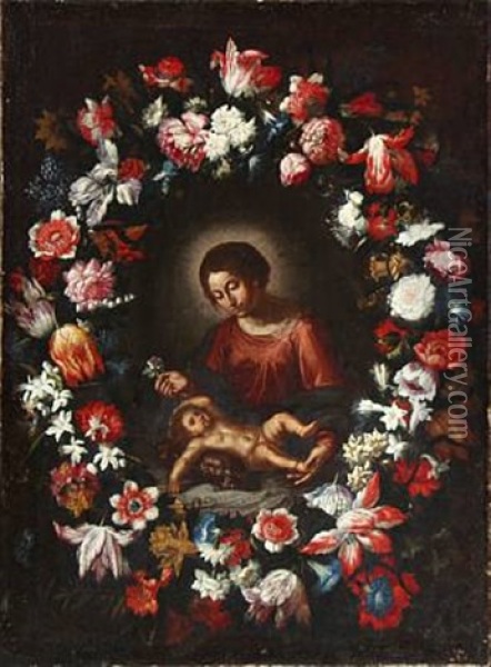 The Virgin Mary And The Infant Jesus Surrounded By A Large Festoon With Numerous Flowers Oil Painting - Daniel Seghers