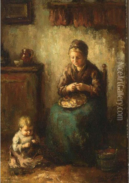A Cottage Interior With A Mother Peeling Potatoes, Her Child Playing On The Floor Oil Painting - Albertus Johan Neuhuys