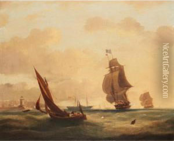 A Man Of War In Stormy Seas; Shipping Of The Coast Oil Painting - Frederick Calvert