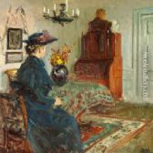 Interior With The Artist's Wife Martha In A Coat And Hat Seated Oil Painting - Viggo Johansen