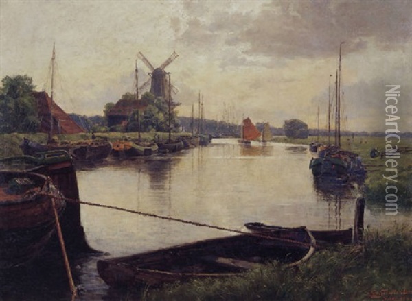River With Moored Boats, Groningen, The Netherlands Oil Painting - Erwin Spindler