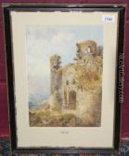 Figures Beneath Castle Ruins Oil Painting - David Cox