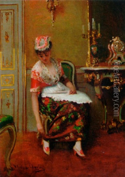 A Lady Seated In An Elegant Interior Oil Painting - Victoriano Codina Y Langlin