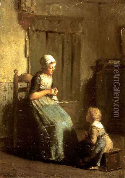 The Knitting Lesson Oil Painting - Albert Neuhuys