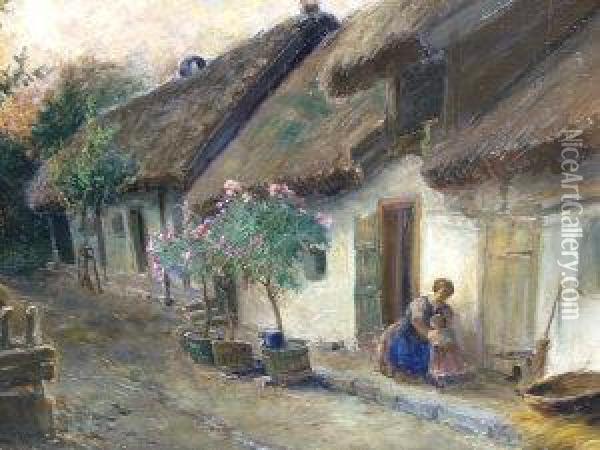 Hungarian, -- Mother And Child By A Cottage Door Oil Painting - Ignac Ujvary