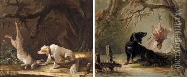 Teckel A Poils Longs Devant Un Perdreau Gris (+ Epagneul Gardant Un Lievre; Pair) Oil Painting - Jacques Charles Oudry