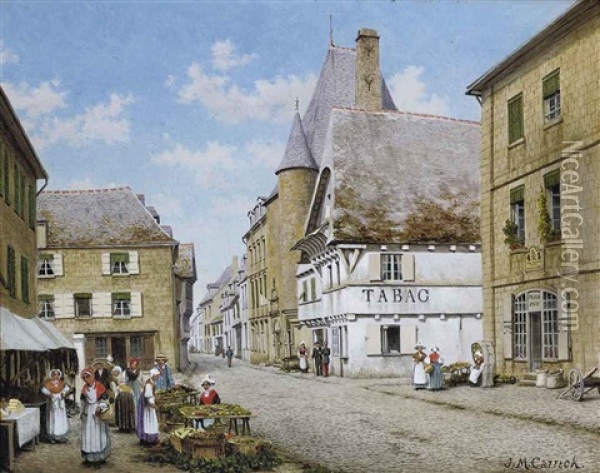 The Market Place, Pontivy, Brittany (+ The London Apprentice At Isleworth; 2 Works) Oil Painting - John Mulcaster Carrick