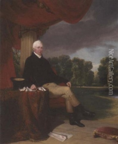 Portrait Of James Campbell Of Hampton Court House, In A Black Jacket And Cream Breeches Oil Painting - William Collins