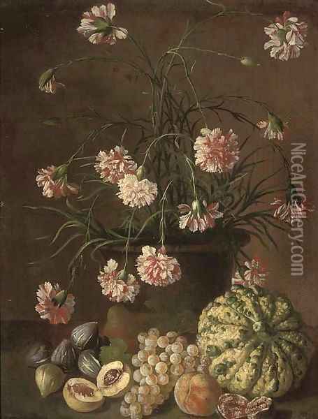 Carnations in a pot Oil Painting - Roman School