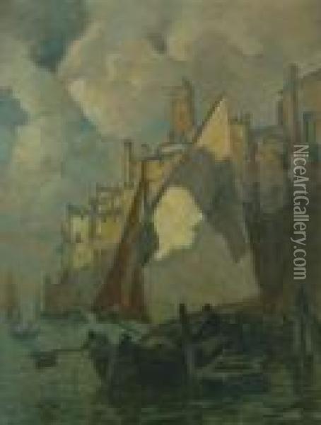 Boats In A Harbour. Oil Painting - Ludwig Dill