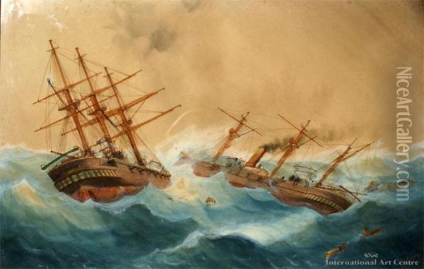 The Hms Calliope And Trenton Incident Oil Painting - George Frederick Gregory