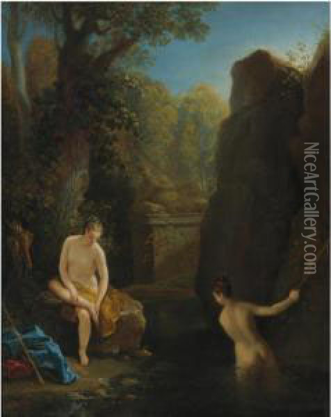 Diana And A Nymph Bathing Oil Painting - Jean Raoux