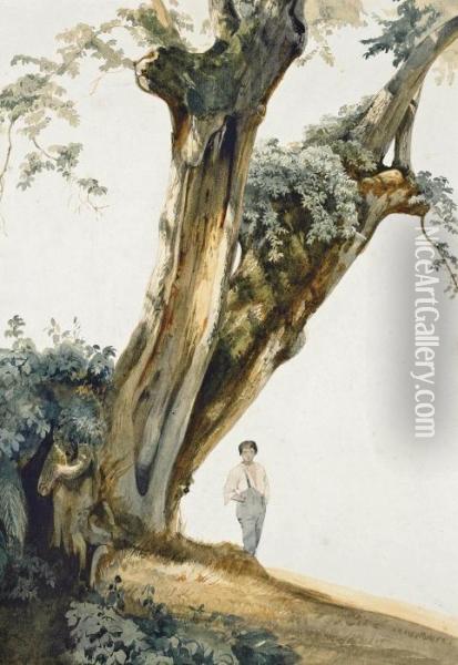 Two Studies Of Trees, One With A Figure Oil Painting - Giovanni Costa