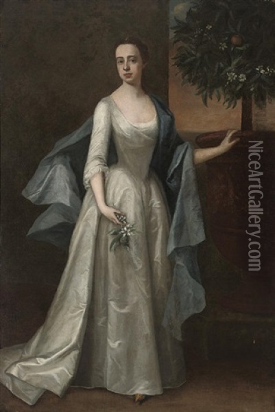 Portrait Of A Lady In An Oyster Satin Dress And Blue Wrap Oil Painting - Michael Dahl