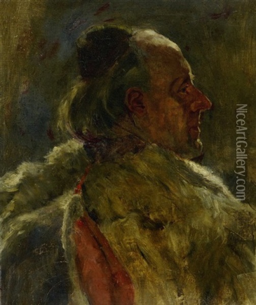 Bildnis Eines Mannes In Schaffellmantel Oil Painting - Albert Welti