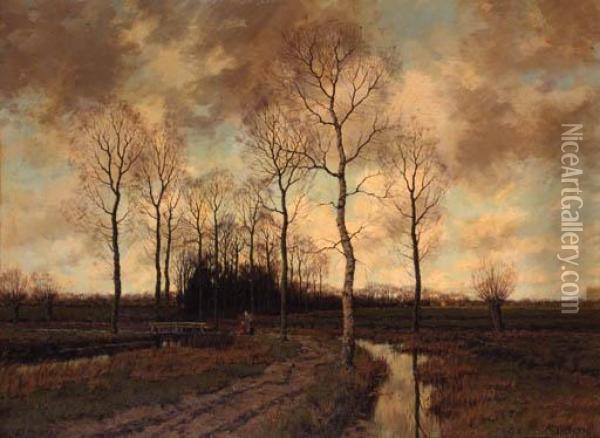 A Peasantwoman And A Child On A Path Amidst Birchtrees Oil Painting - Arnold Marc Gorter