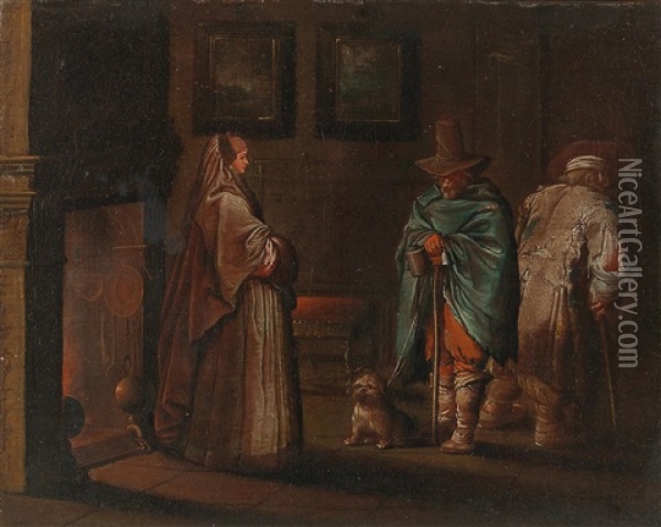 A Lady And Two Beggars In An Interior Oil Painting - Jacques Callot