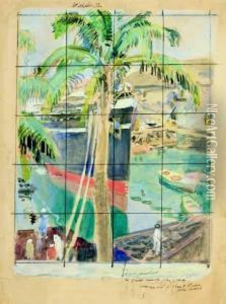 Dechargement D'un Cargo A La Reunion - Port Des Galets Oil Painting - Du Raoul Gardier