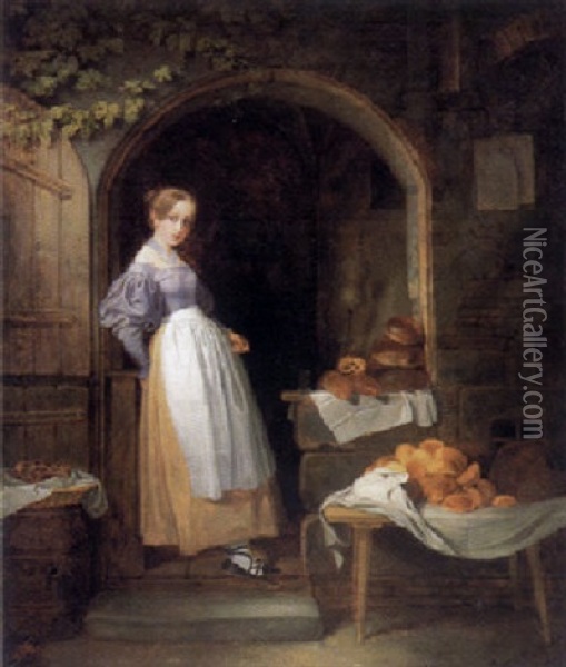 Das Backermadchen Steht Mit Ihren Backwaren In Der Eingangstur Ihres Alten Hauses Oil Painting - Johann Friedrich Karl Kreul