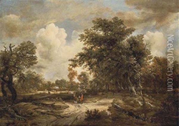 A Wooded Landscape With Peasants On A Path Oil Painting - Meindert Hobbema