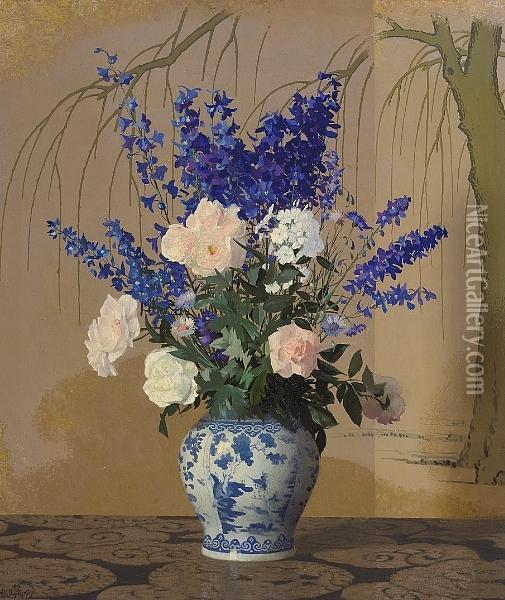 A Still Life With Delphiniums And Roses In A Blue And White Porcelain Vase Oil Painting - Hermann Dudley Murphy