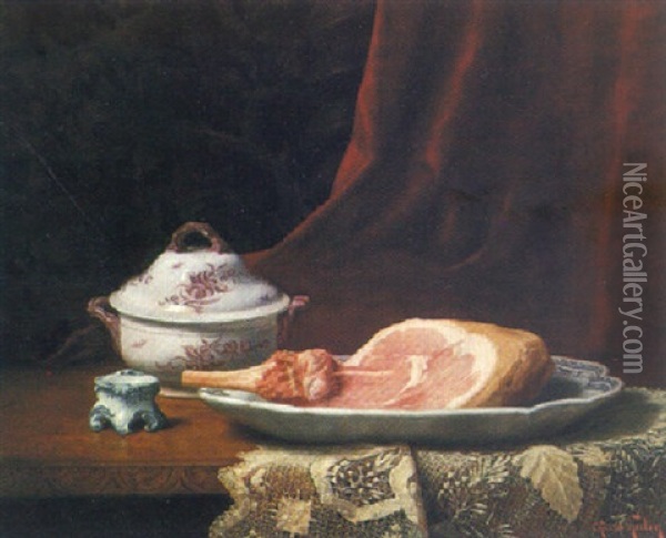Still Life With Ham And Soup Tureen Oil Painting - Charles Hutin
