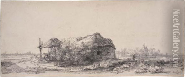 Landscape With A Cottage And Haybarn: Oblong Oil Painting - Rembrandt Van Rijn