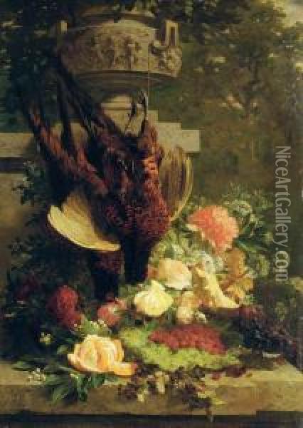 Hanging Pheasants With Flowers Oil Painting - Jean-Baptiste Robie