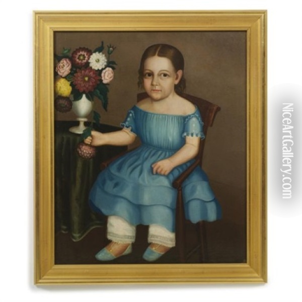 Portrait Of Young Girl With Vase Of Zinnia Blooms, Wearing Blue Dress, And Shoes Oil Painting - Horace Bundy