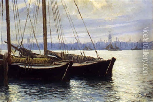 Opankrede Skibe I Havnen (hamburg?) Oil Painting - Holger Luebbers