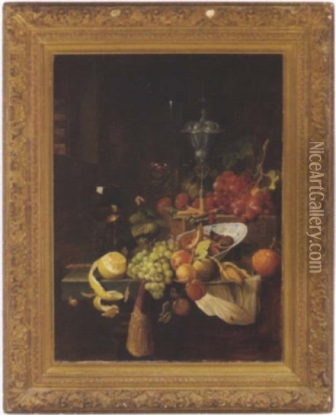 Prunkstillleben Mit Fruchten, Einem Gefullten Weinglas Und Einem Silberpokal Oil Painting - Jan Davidsz De Heem