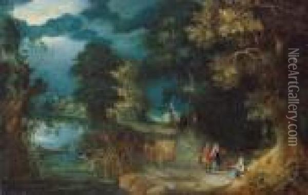 Flusslandschaft Mit Einem Pferdefuhrwerk Und Wanderern. Oil Painting - Abraham Govaerts