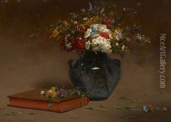 Composition Au Livre Et Au Vase De Fleurs Oil Painting - Hippolyte Pierre Delanoy