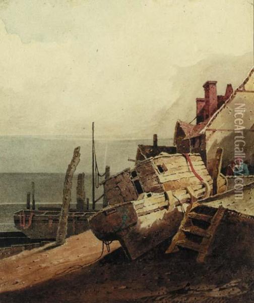 A Beached Fishing Vessel, With Fishermen Beyond Oil Painting - Samuel Prout