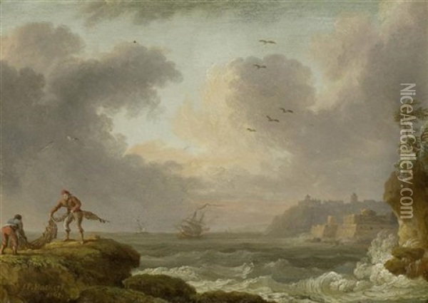Fischer Auf Einem Fels An Der Kuste Bei Aufgewuhlter See Oil Painting - Jacob Philipp Hackert