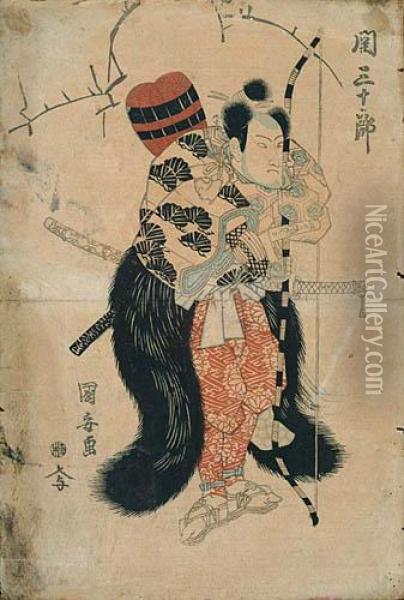 Aktor Seki Sanju-ro- W Roli Samuraja Z Lukiem, Kolczanem I Dwoma Ogonami Niedzwiedzia, Lata 20. Xix W. Oil Painting - Ipposai Yasugoro Kuniyasu