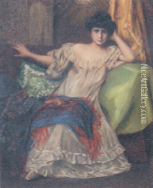 A Young Beauty In A White Dress Oil Painting - Jenoe Jendrassik