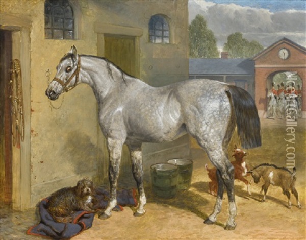 One Of The Scots Greys In A Yard With Dog And Goats Oil Painting - John Frederick Herring the Elder