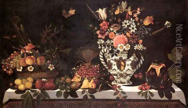 Fruit Still-Life with a Vase of Flowers Oil Painting - Master of the Hartford Still-life