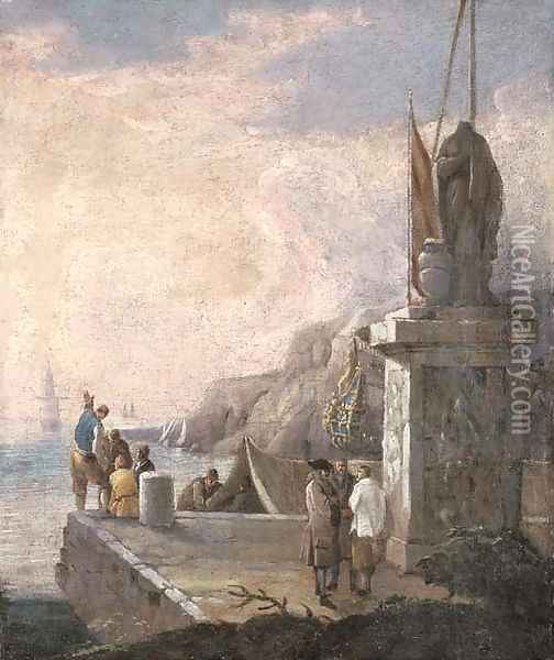 Figures on a quayside with shipping in calm waters Oil Painting - Luca Carlevaris