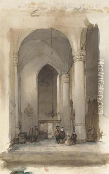 Figures In A Dutch Church Interior Oil Painting - Johannes Bosboom