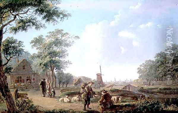 Rustic figures on the outskirts of a Dutch Town Oil Painting - Andries Vermeulen