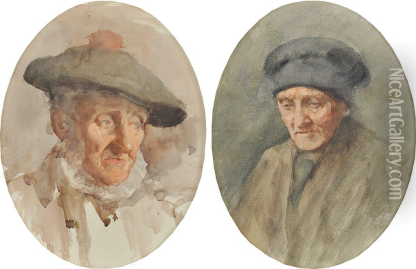 Elderly Scottish Man In Traditional Tam And Elderly Woman In A Cap Oil Painting - Henry Wright Kerr