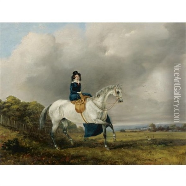 Mrs. Lowe On A Grey Horse Oil Painting - Henry Richard Graves