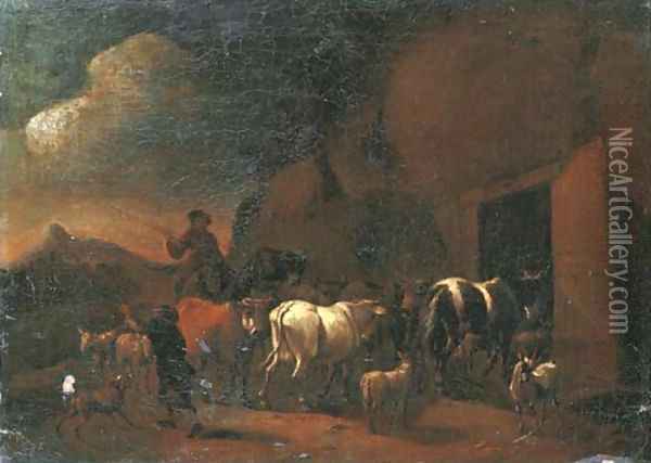Shepherds returning to the stable with their cattle at dusk Oil Painting - Abraham Jansz. Begeyn