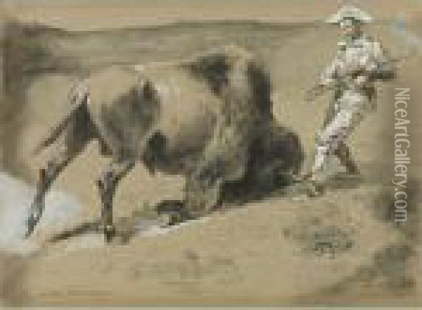 The Great Beast Came Crashing To The Earth Oil Painting - Frederic Remington